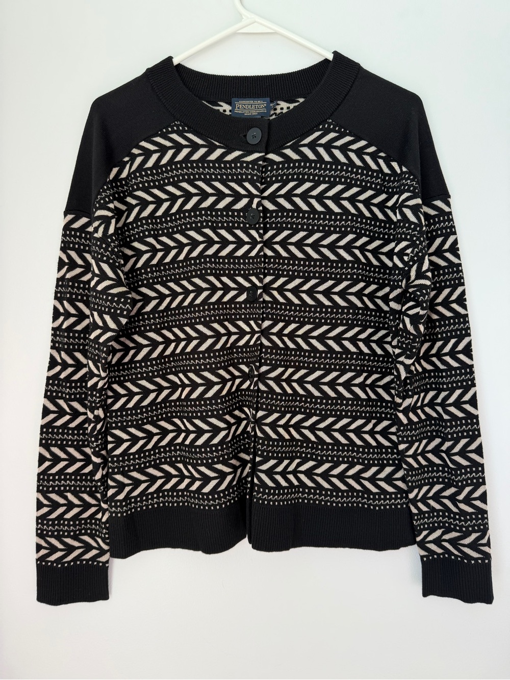 Pendleton Merino Wool Cardigan Black Tan Geometric Sweater Size Large Petite